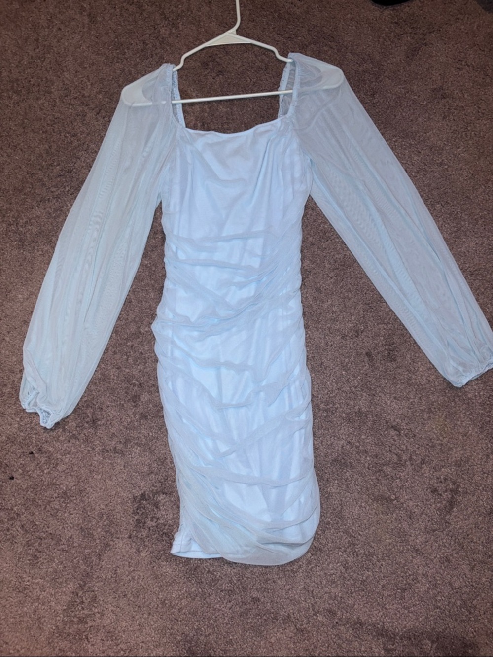 Baby Blue Long-Sleeve Ruched Sheer Sleeve Dress